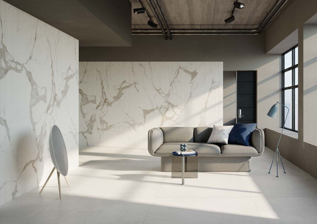 White marble living room — 1200 × 2400 mm slab — Imperial Design Concepts, Mohali