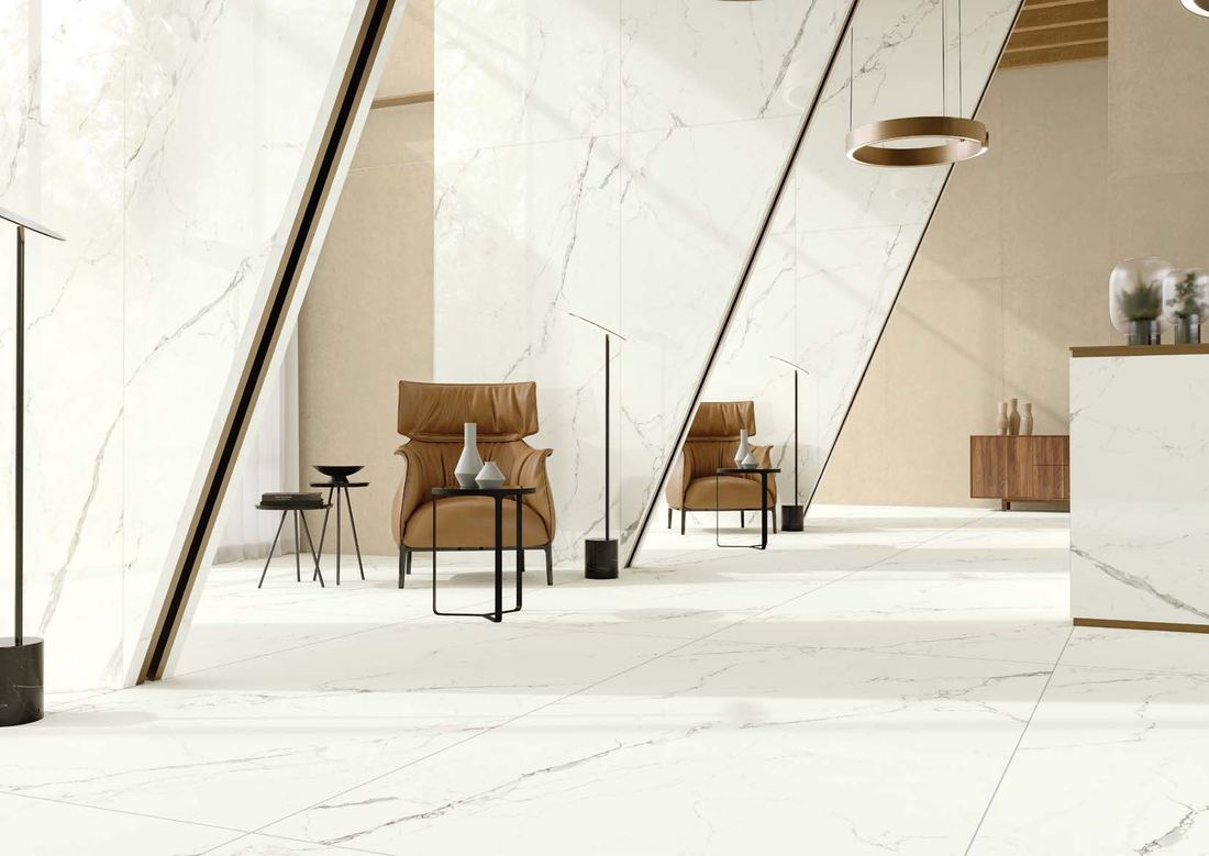 White marble staircase lounge — 1200 × 2400 mm slab — Imperial Design Concepts, Mohali