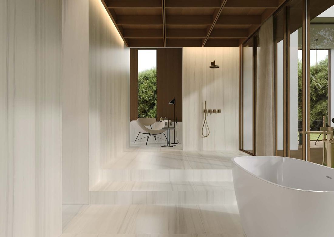 White stone bathroom corridor — 1200 × 2400 mm slab — Imperial Design Concepts, Mohali