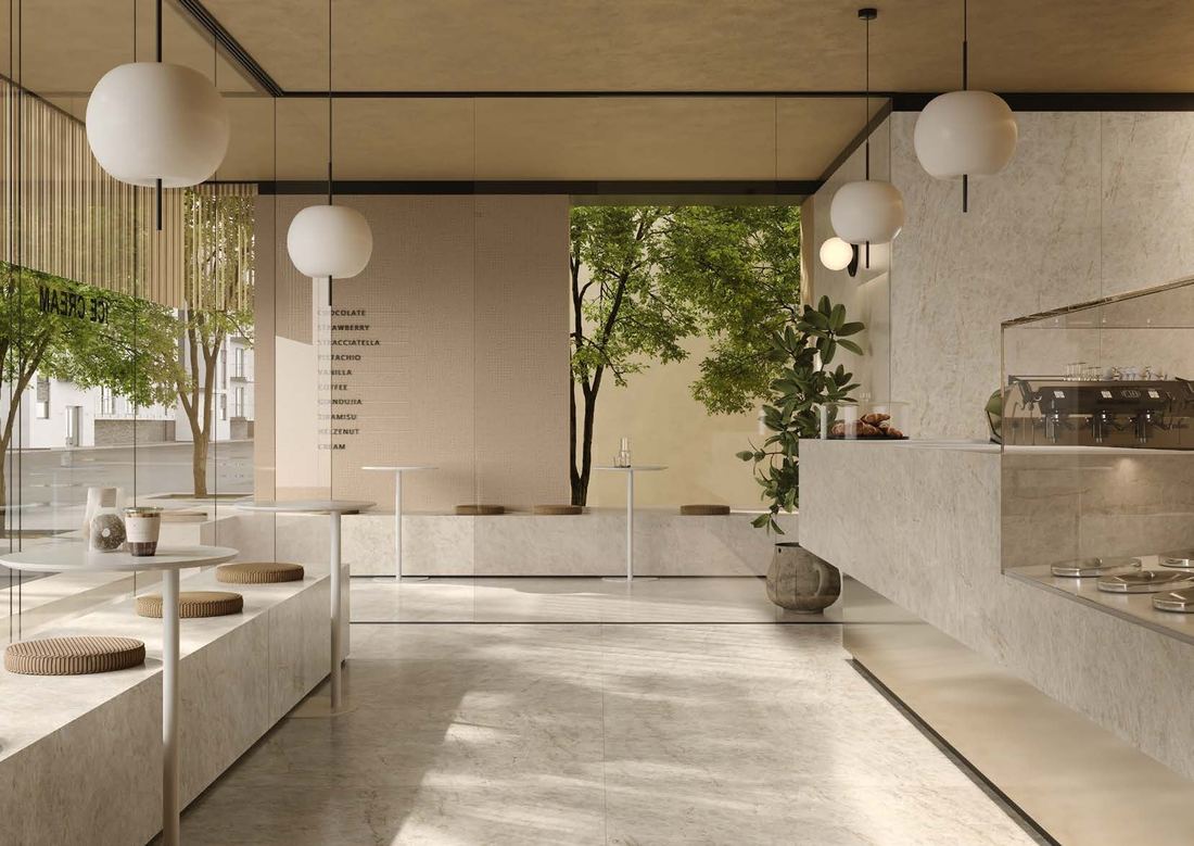 White stone-look open living — 1200 × 2400 mm slab — Imperial Design Concepts, Mohali
