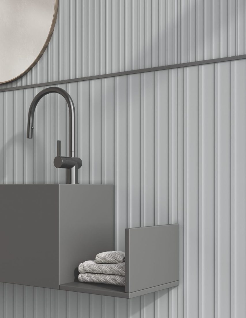 Fluted Grey Basin Wall finished in 600x1200mm tiles — IDC Mohali