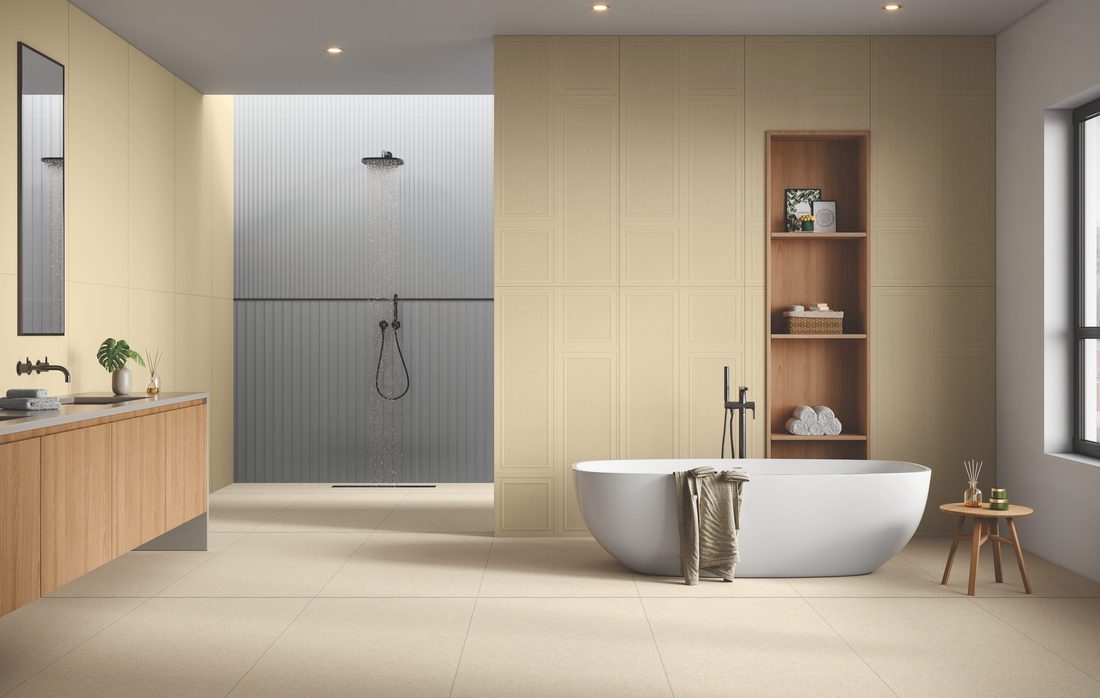 Warm Bathroom finished in 600x1200mm tiles — IDC Mohali
