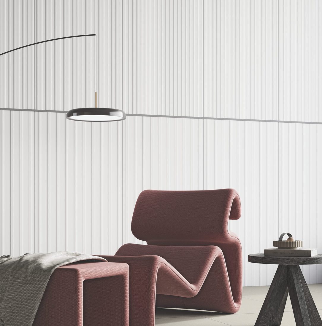 White Fluted Lounge finished in 600x1200mm tiles — IDC Mohali