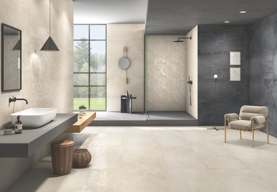 Beige stone-look bathroom surfaces — 600 × 1200 mm — Imperial Design Concepts, Mohali