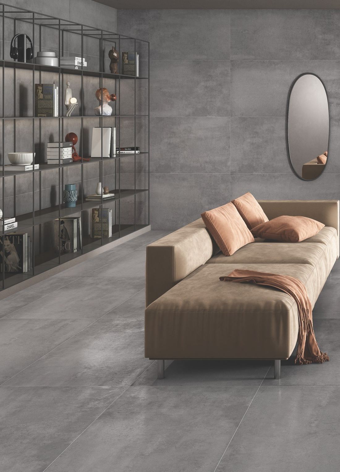 Concrete-look floor lounge setting — 600 × 1200 mm — Imperial Design Concepts, Mohali