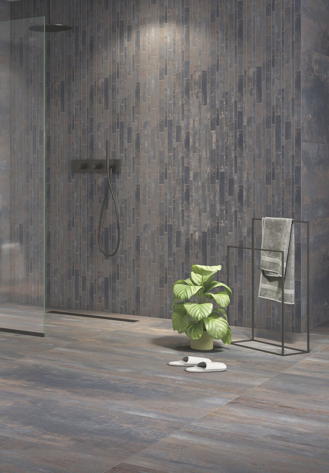 Dark oxide shower wall — 600 × 1200 mm — Imperial Design Concepts, Mohali