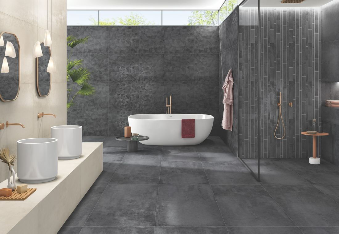 Dark stone-look bathroom wall — 600 × 1200 mm — Imperial Design Concepts, Mohali