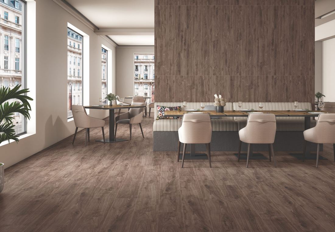 Dark wood-effect restaurant floor — 600 × 1200 mm — Imperial Design Concepts, Mohali