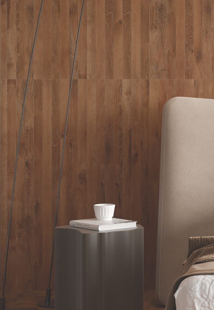 Dark wood-look bedroom wall — 600 × 1200 mm — Imperial Design Concepts, Mohali
