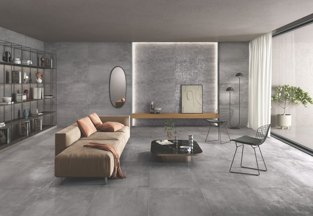 Grey concrete floor living space — 600 × 1200 mm — Imperial Design Concepts, Mohali