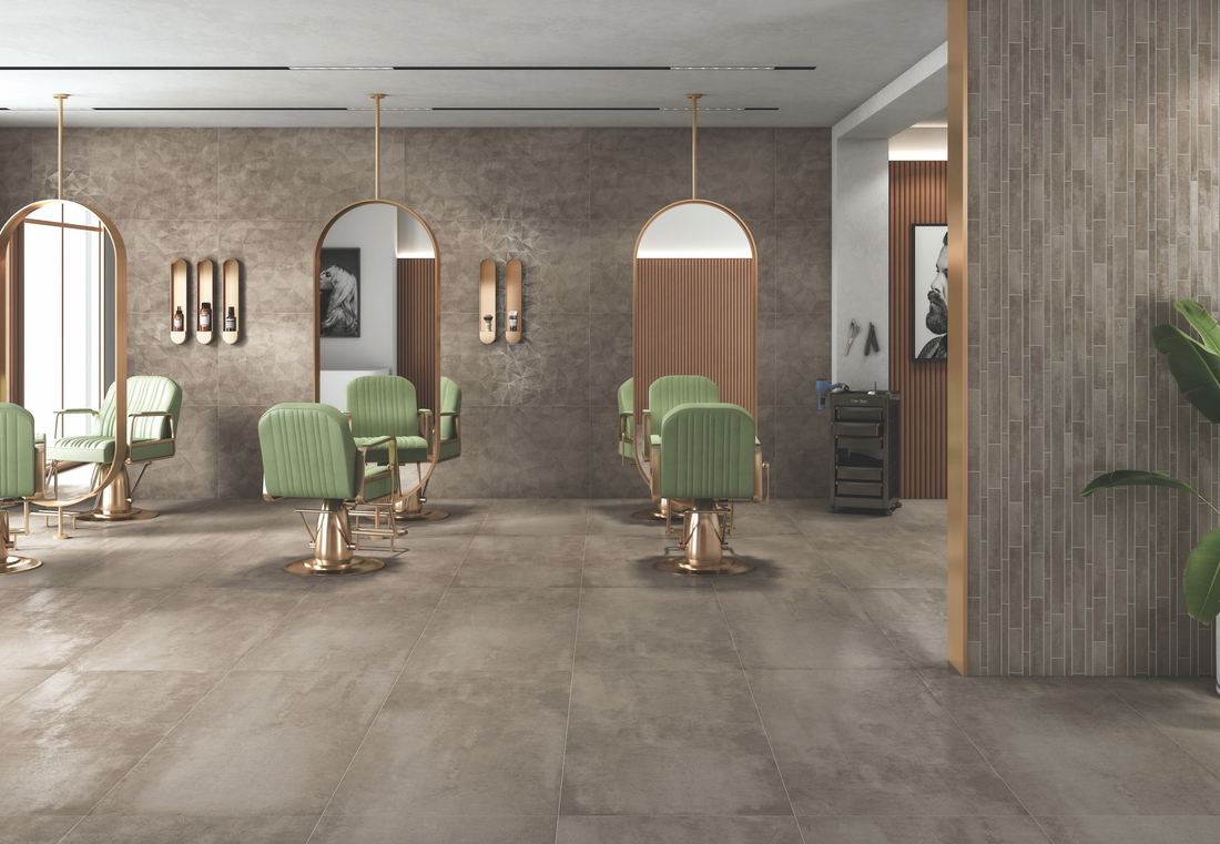 Grey concrete-look salon floor — 600 × 1200 mm — Imperial Design Concepts, Mohali