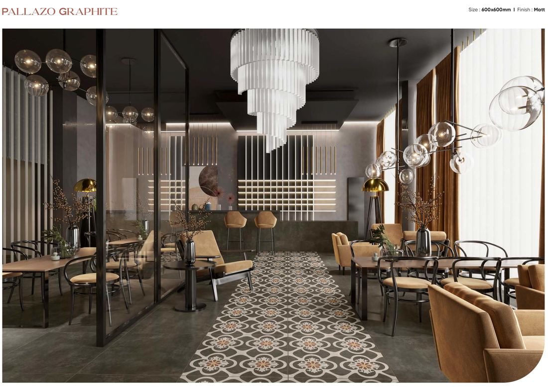 Hexagon pattern restaurant floor — Patterned porcelain — Imperial Design Concepts, Mohali