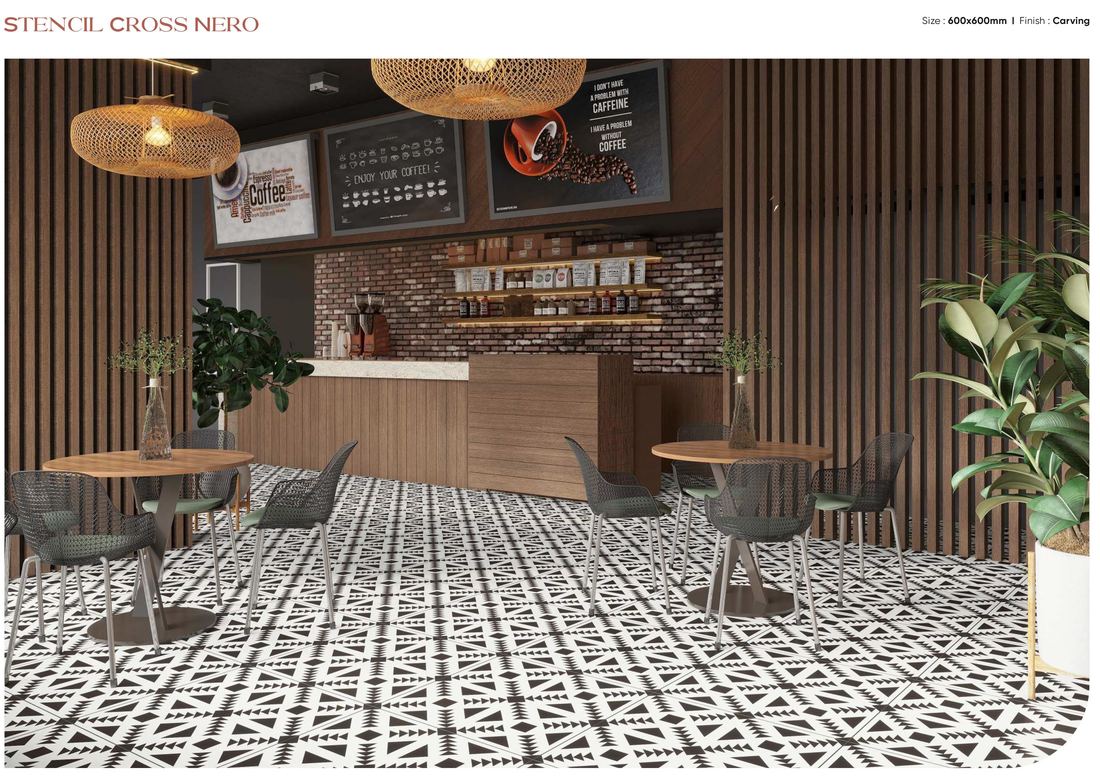 Monochrome pattern cafe floor — Patterned porcelain — Imperial Design Concepts, Mohali
