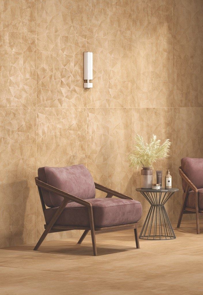 Ochre metallic-look interior wall — 600 × 1200 mm — Imperial Design Concepts, Mohali