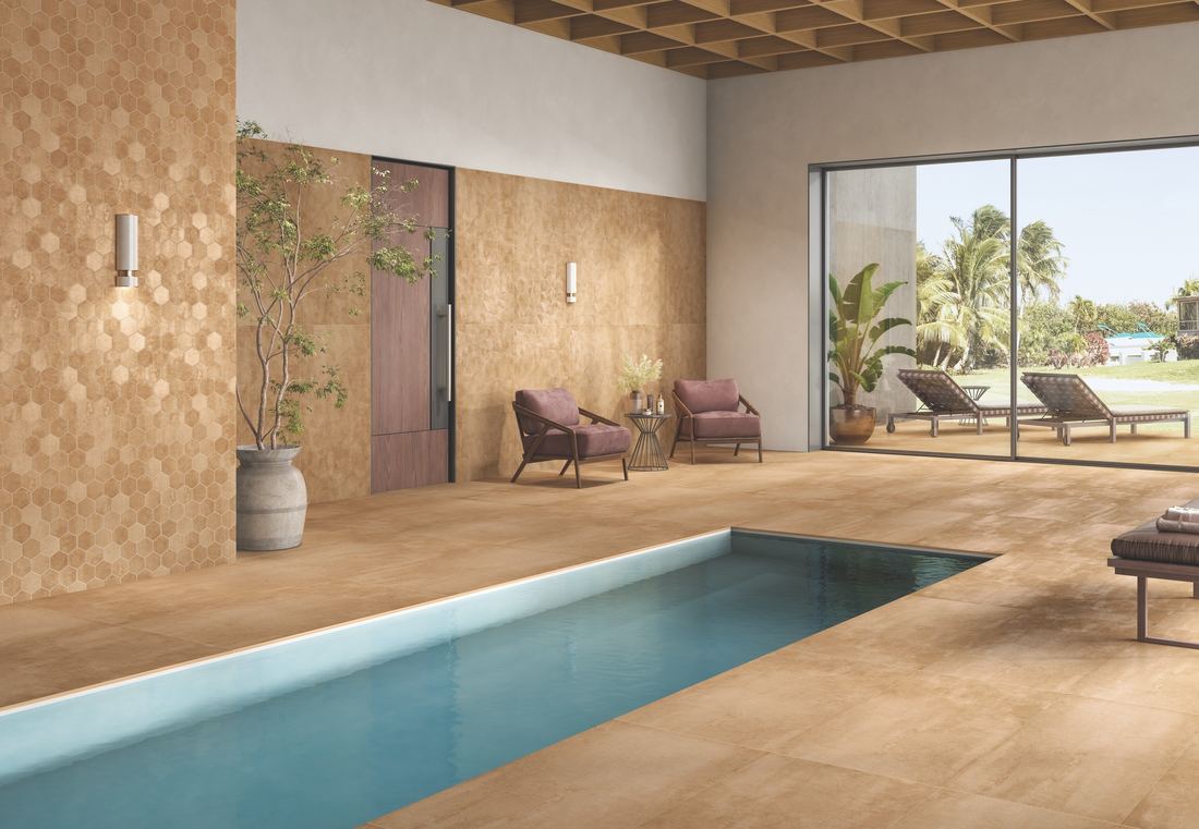Tan textured poolside wall — 600 × 1200 mm — Imperial Design Concepts, Mohali
