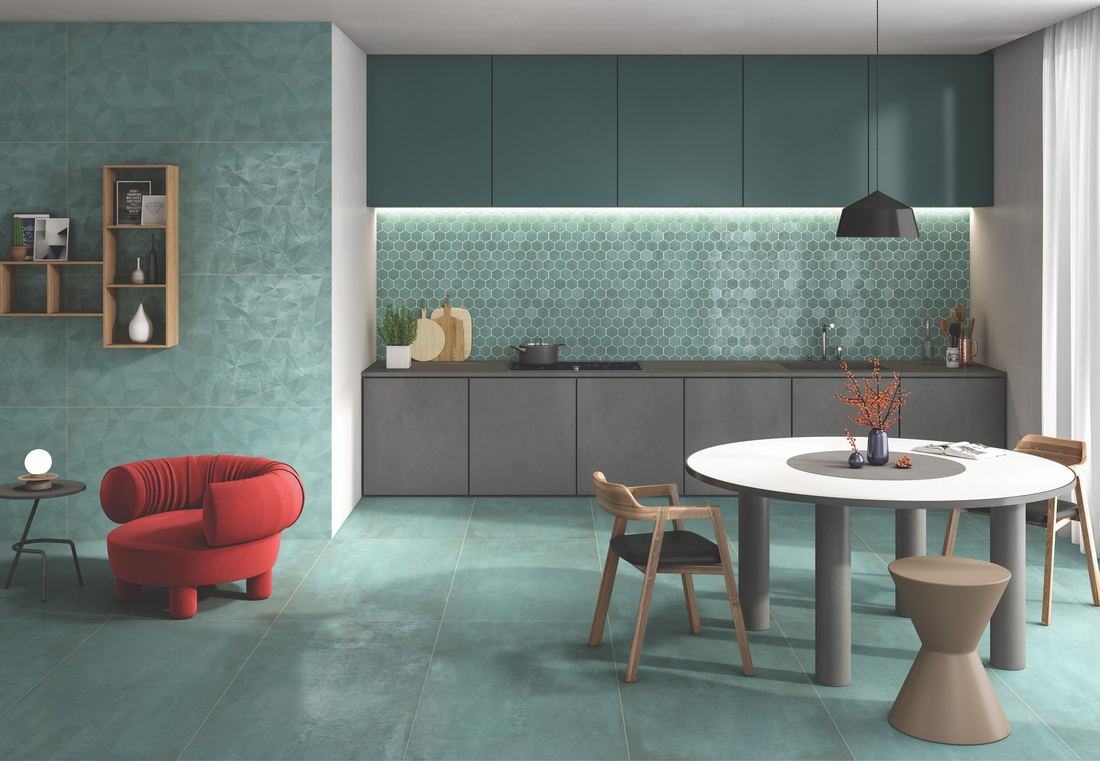 Teal hexagon kitchen wall tile — 600 × 1200 mm — Imperial Design Concepts, Mohali