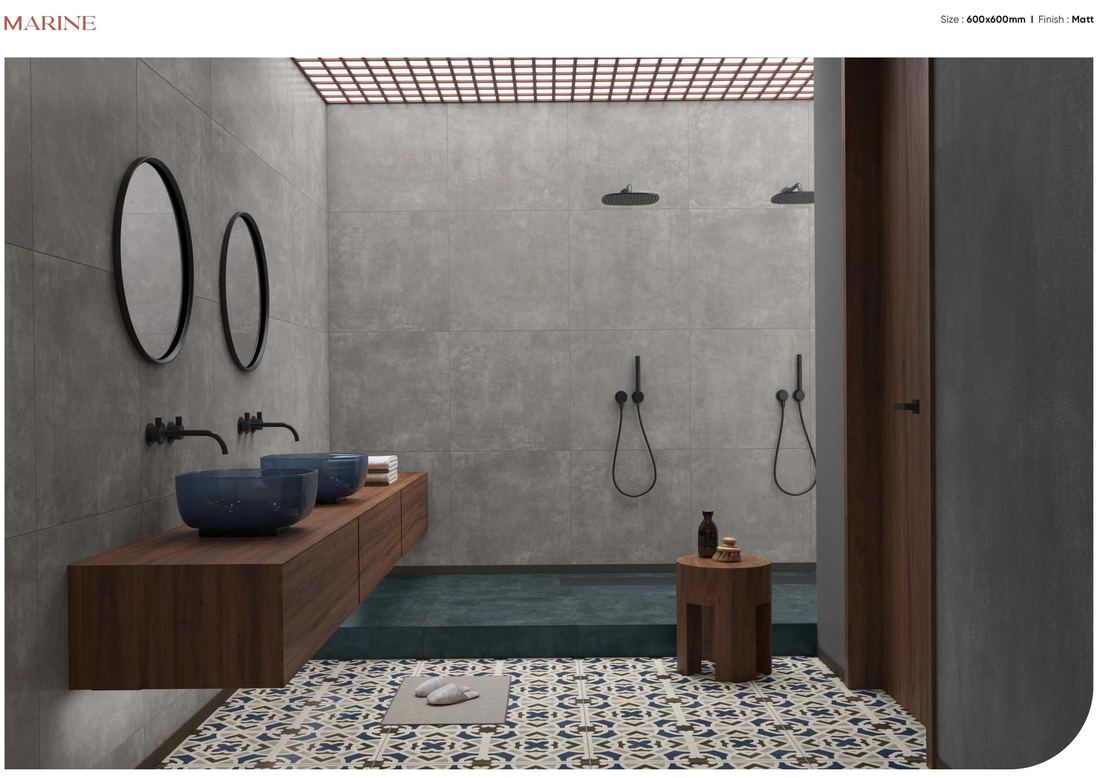 Textured concrete-look bathroom wall — Patterned porcelain — Imperial Design Concepts, Mohali