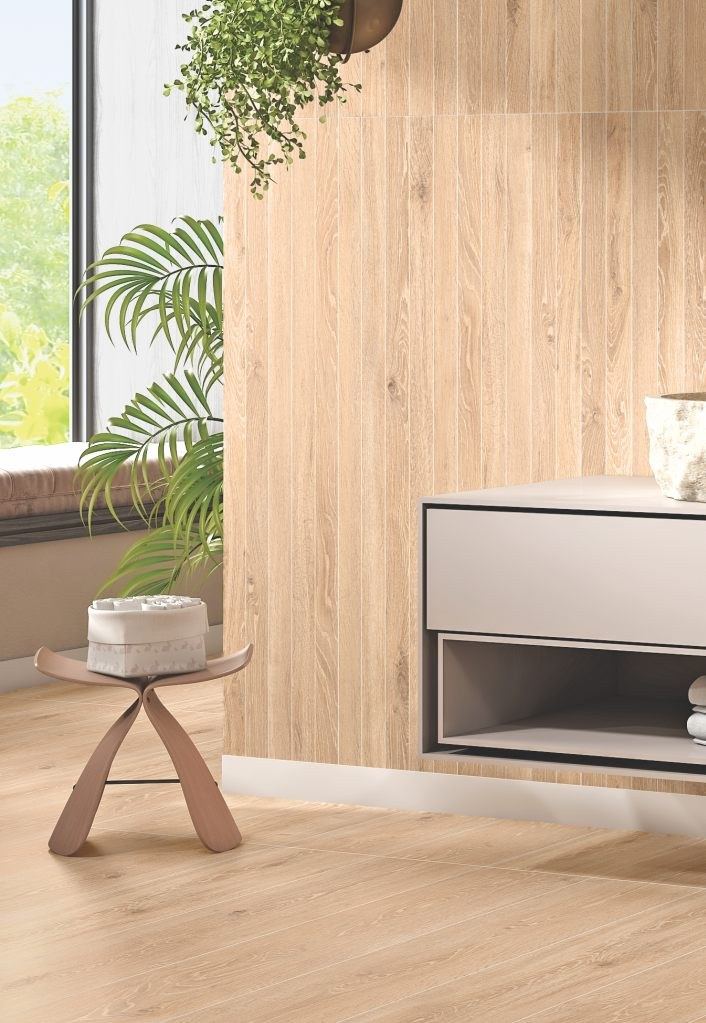 Warm wood-look living room floor — 600 × 1200 mm — Imperial Design Concepts, Mohali