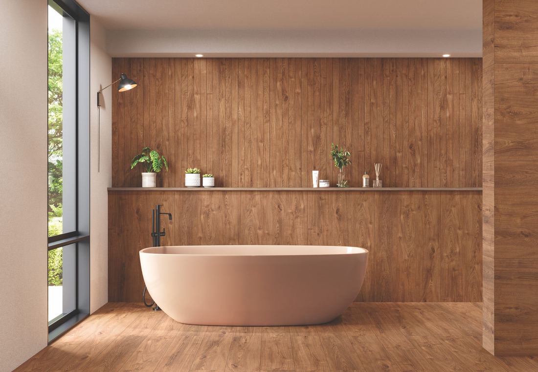 Wood-clad bathroom feature wall — 600 × 1200 mm — Imperial Design Concepts, Mohali
