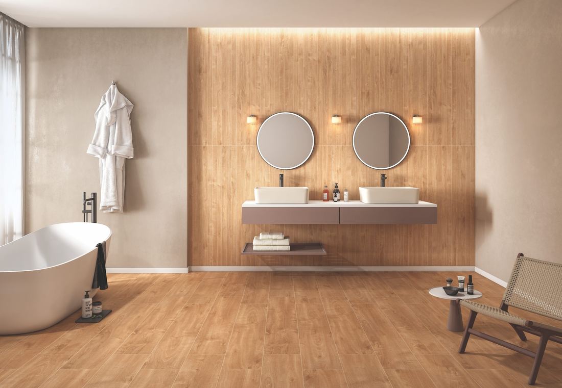 Wood-clad bathroom with tub — 600 × 1200 mm — Imperial Design Concepts, Mohali