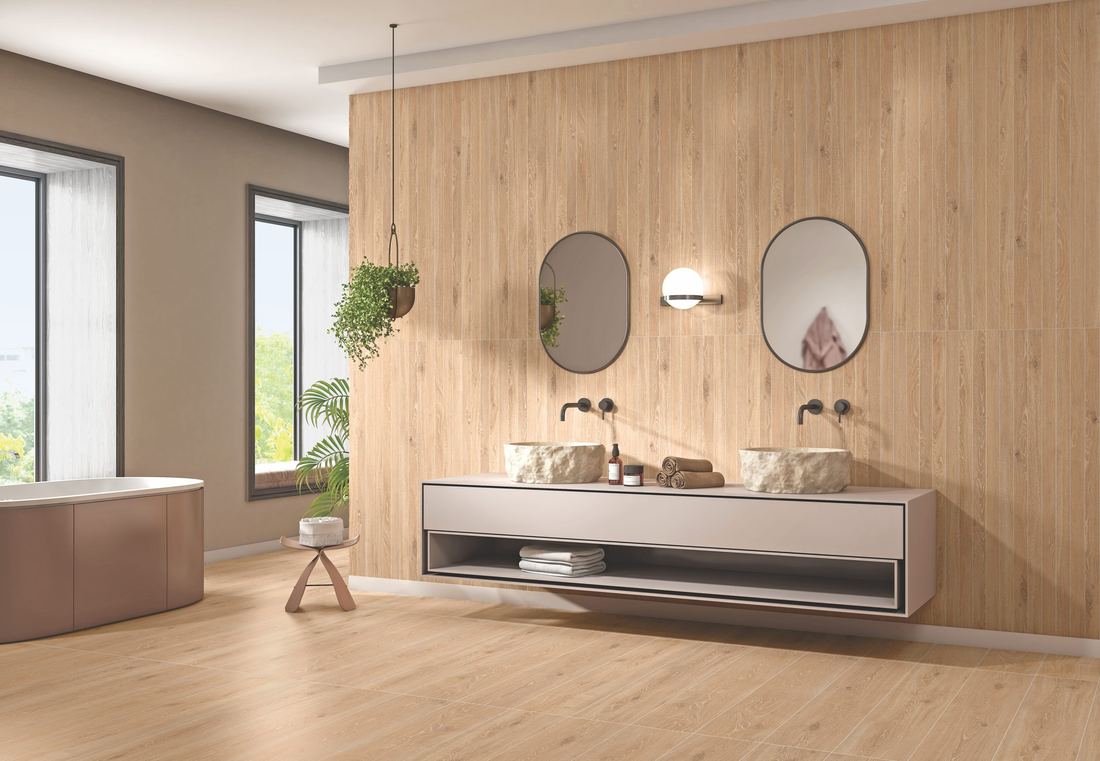 Wood-effect bathroom floor and wall — 600 × 1200 mm — Imperial Design Concepts, Mohali