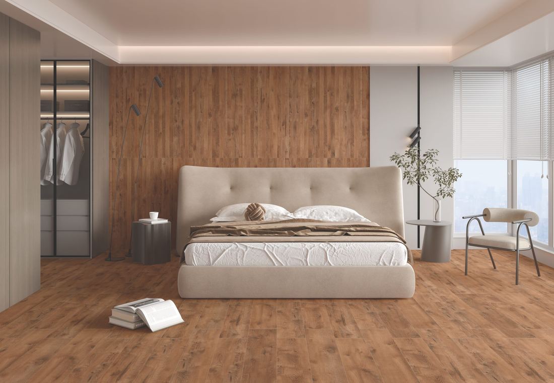 Wood-effect bedroom flooring — 600 × 1200 mm — Imperial Design Concepts, Mohali