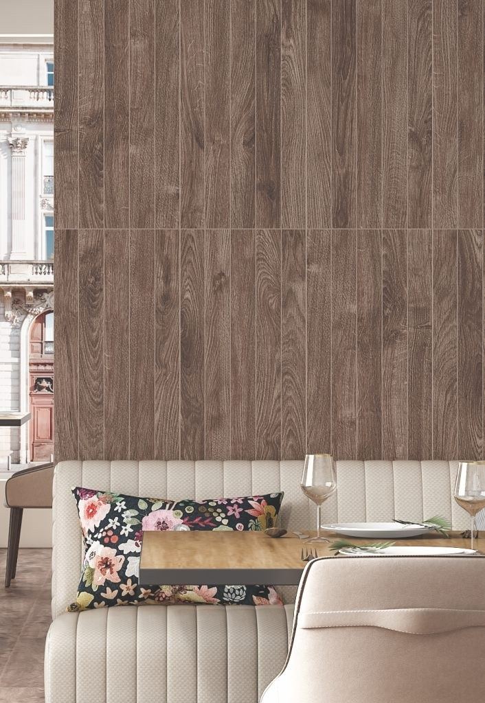 Wood-look wall in lounge — 600 × 1200 mm — Imperial Design Concepts, Mohali