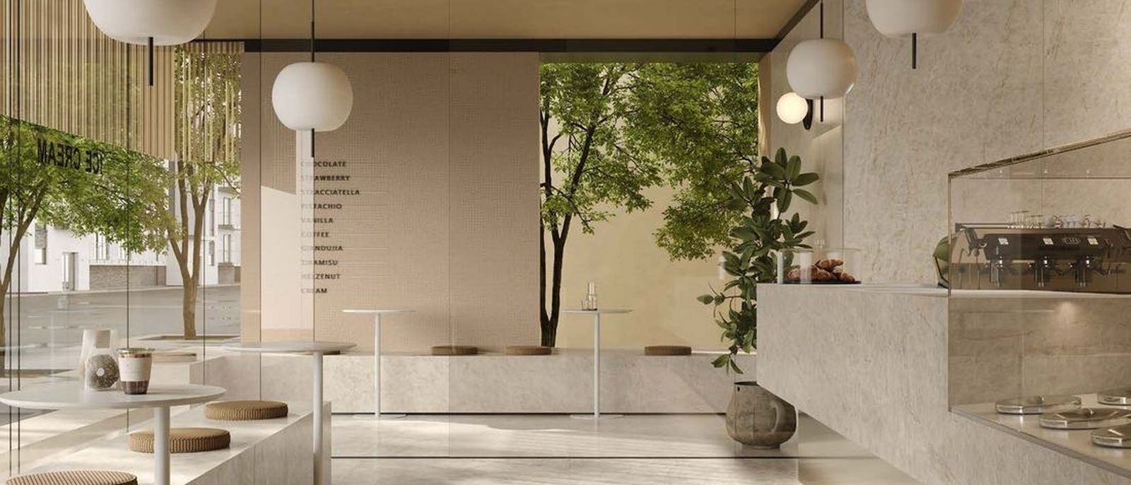 Open living space finished in large-format stone-look porcelain