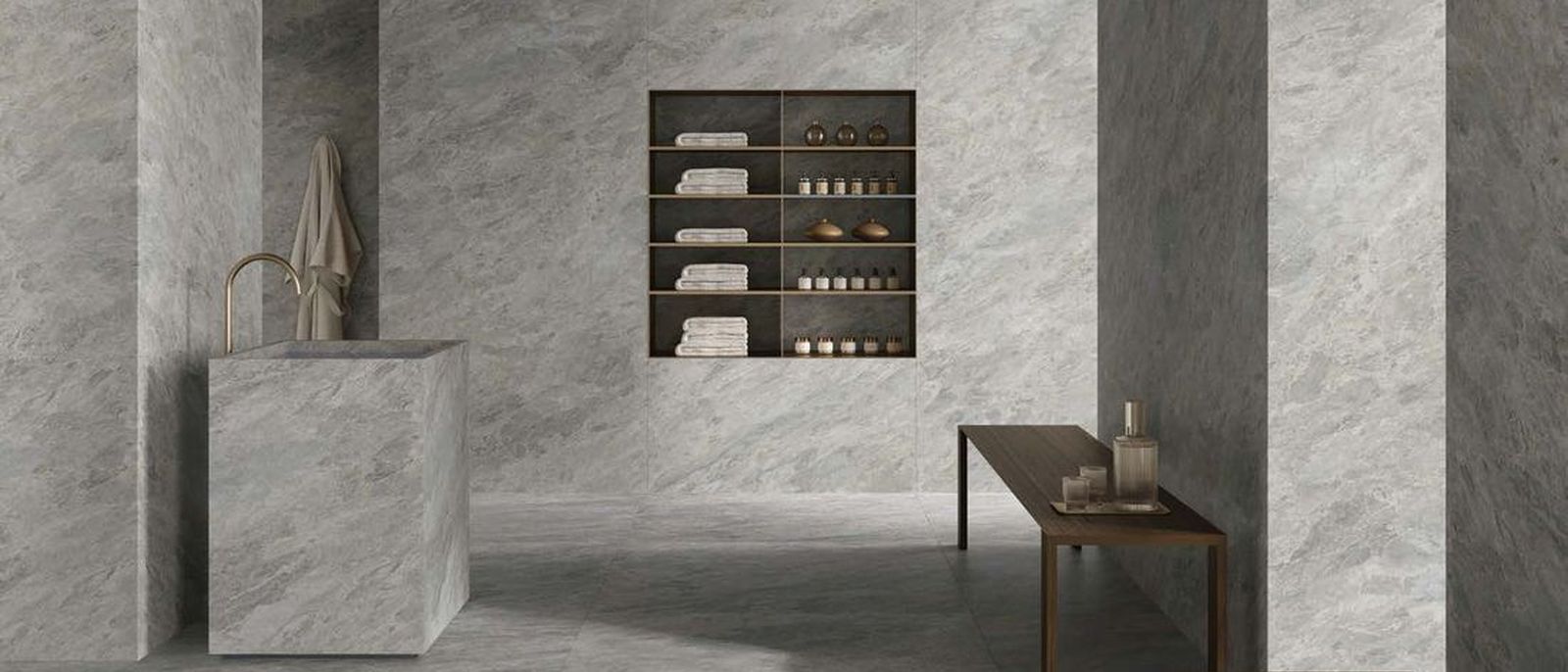 Grey marble-effect porcelain slab display wall