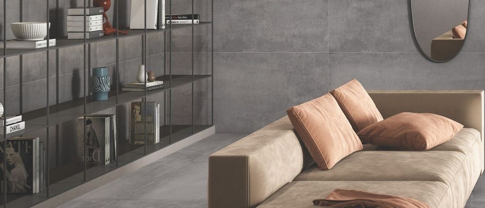 Concrete-look porcelain floor in a lounge setting